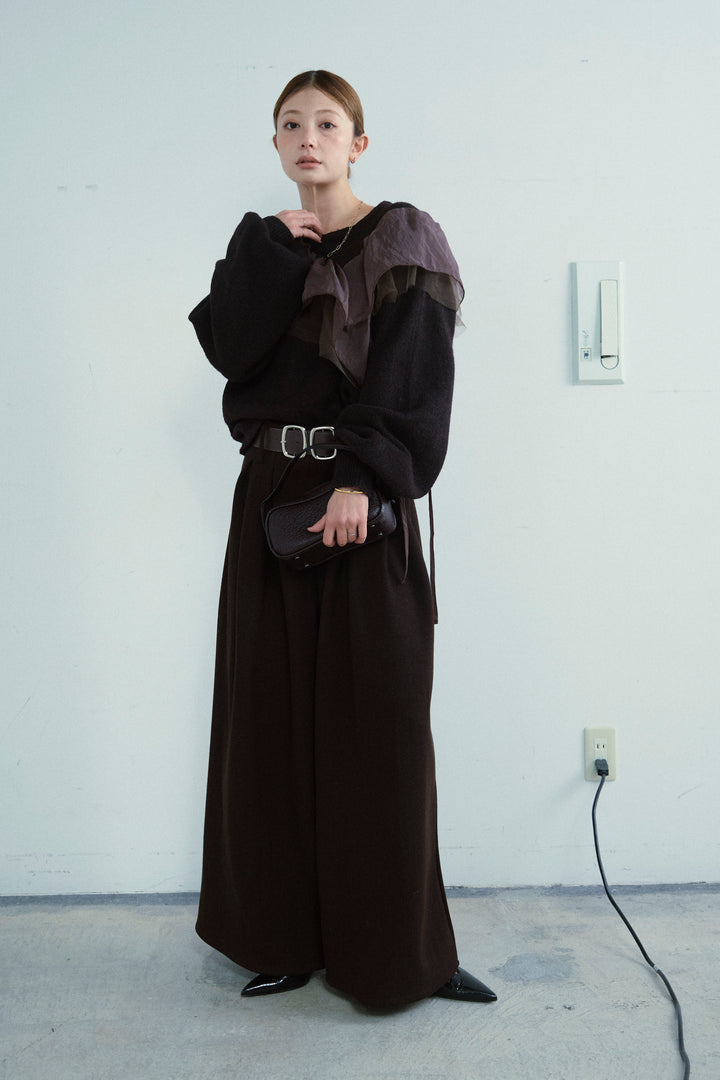 [予約/SET]アシンメトリーチュールオーガンジーニット+ベルト付きスゥイッチングタックパンツ(2set)