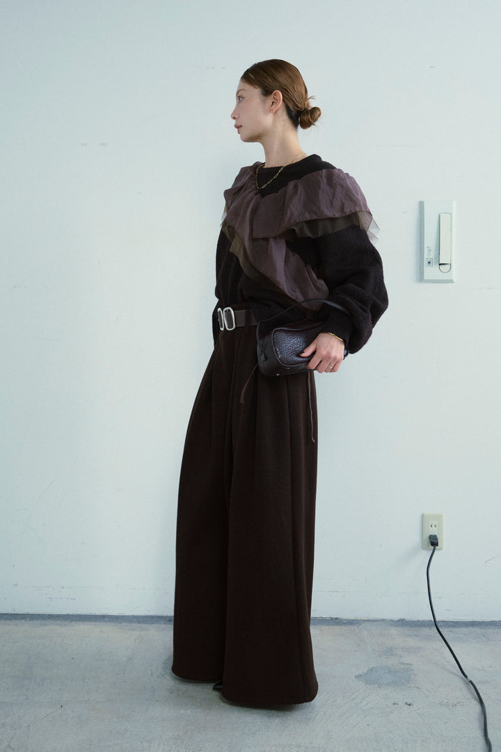 [予約/SET]アシンメトリーチュールオーガンジーニット+ベルト付きスゥイッチングタックパンツ(2set)