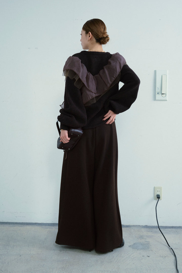 [予約/SET]アシンメトリーチュールオーガンジーニット+ベルト付きスゥイッチングタックパンツ(2set)