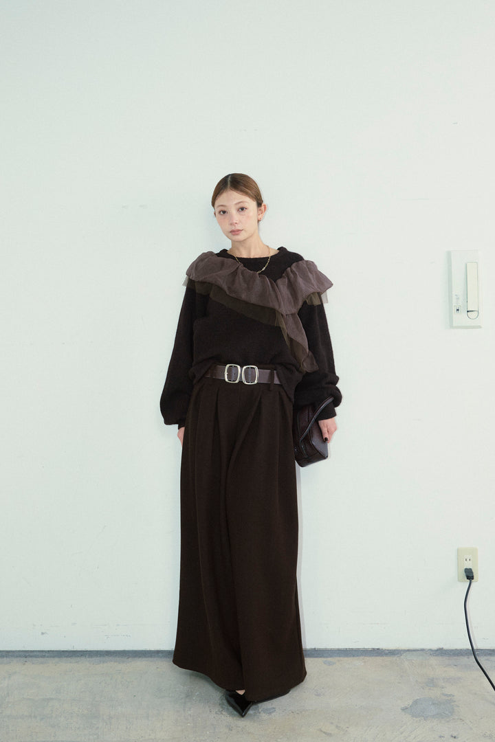 [予約/SET]アシンメトリーチュールオーガンジーニット+ベルト付きスゥイッチングタックパンツ(2set)
