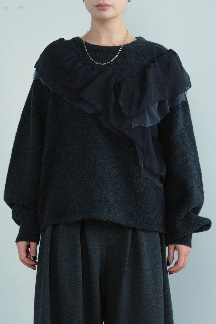 [予約]アシンメトリーチュールオーガンジーニット