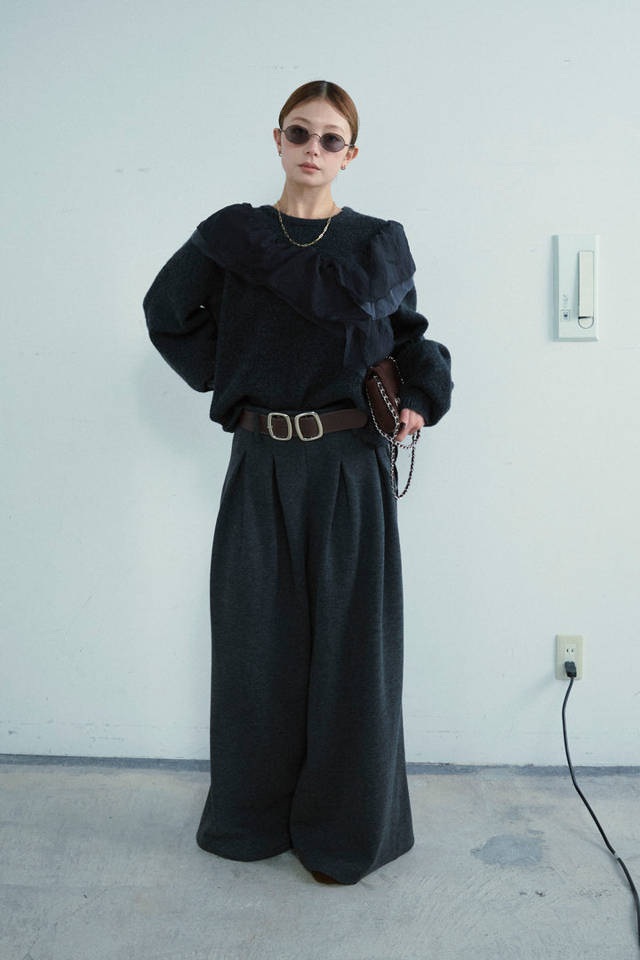 [予約/SET]アシンメトリーチュールオーガンジーニット+ベルト付きスゥイッチングタックパンツ(2set)