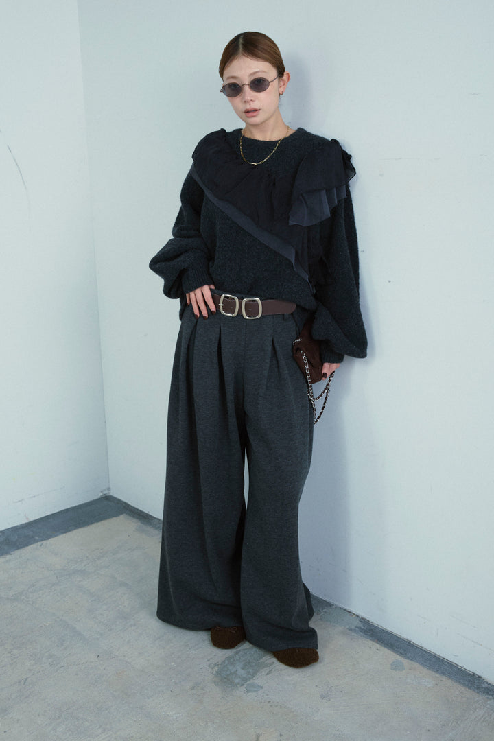 [予約/SET]アシンメトリーチュールオーガンジーニット+ベルト付きスゥイッチングタックパンツ(2set)