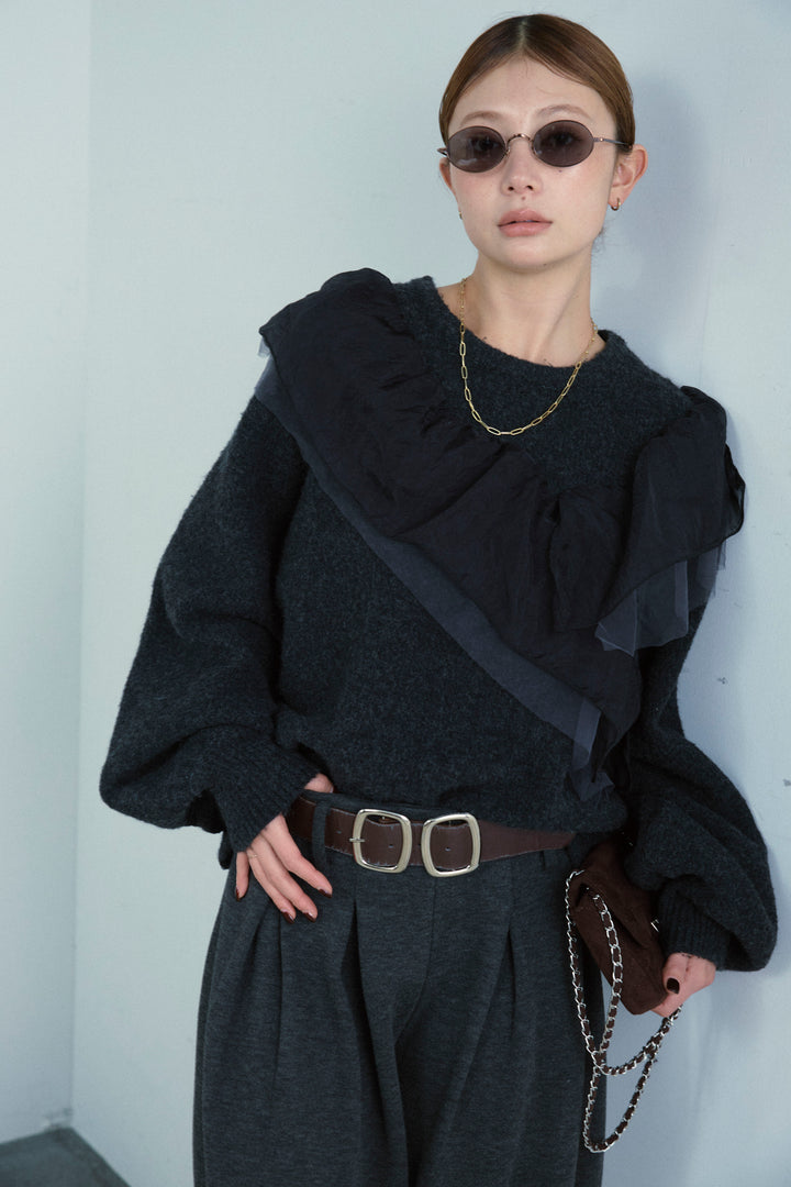 [予約]アシンメトリーチュールオーガンジーニット