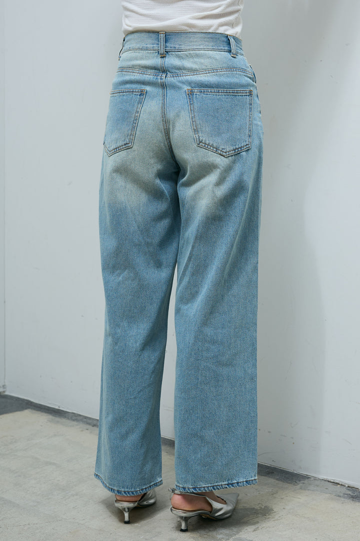 [予約/SET]カレッジロゴ刺繍スウェット+レースキャミ+ウエスト切り替えストレートデニム(3set)