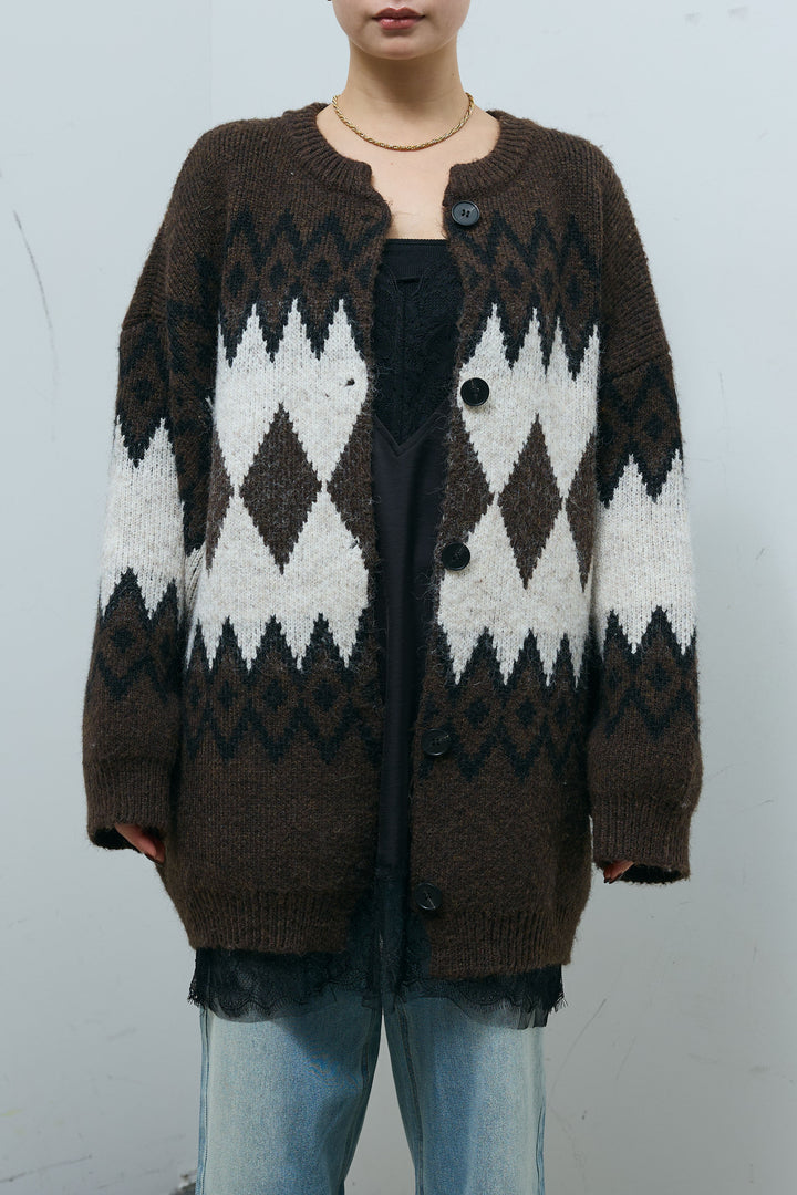 [予約/SET]ネイティブ柄オーバーカーディガン+ウエスト切り替えストレートデニム(2set)