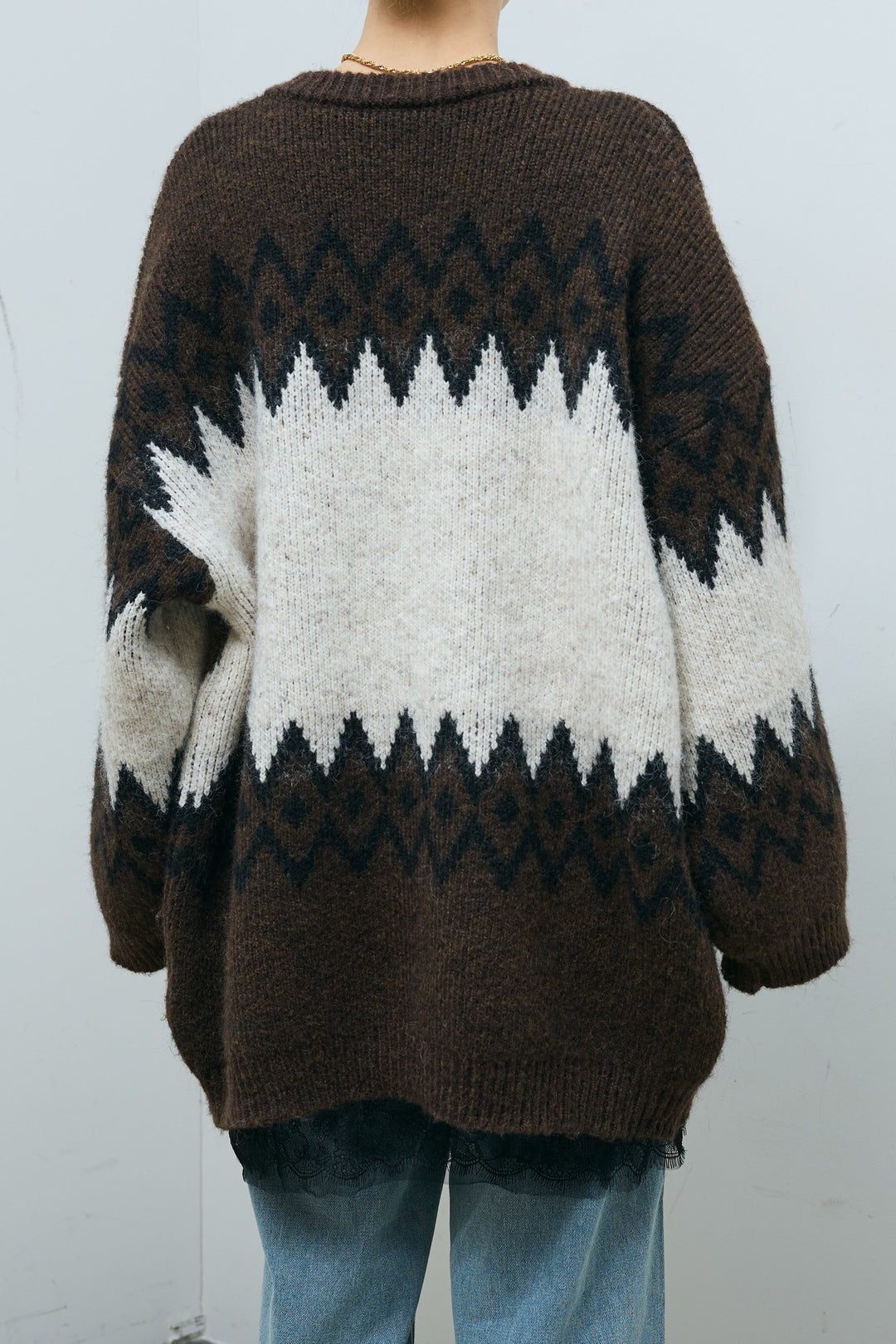 [予約/SET]ネイティブ柄オーバーカーディガン+ウエスト切り替えストレートデニム(2set)