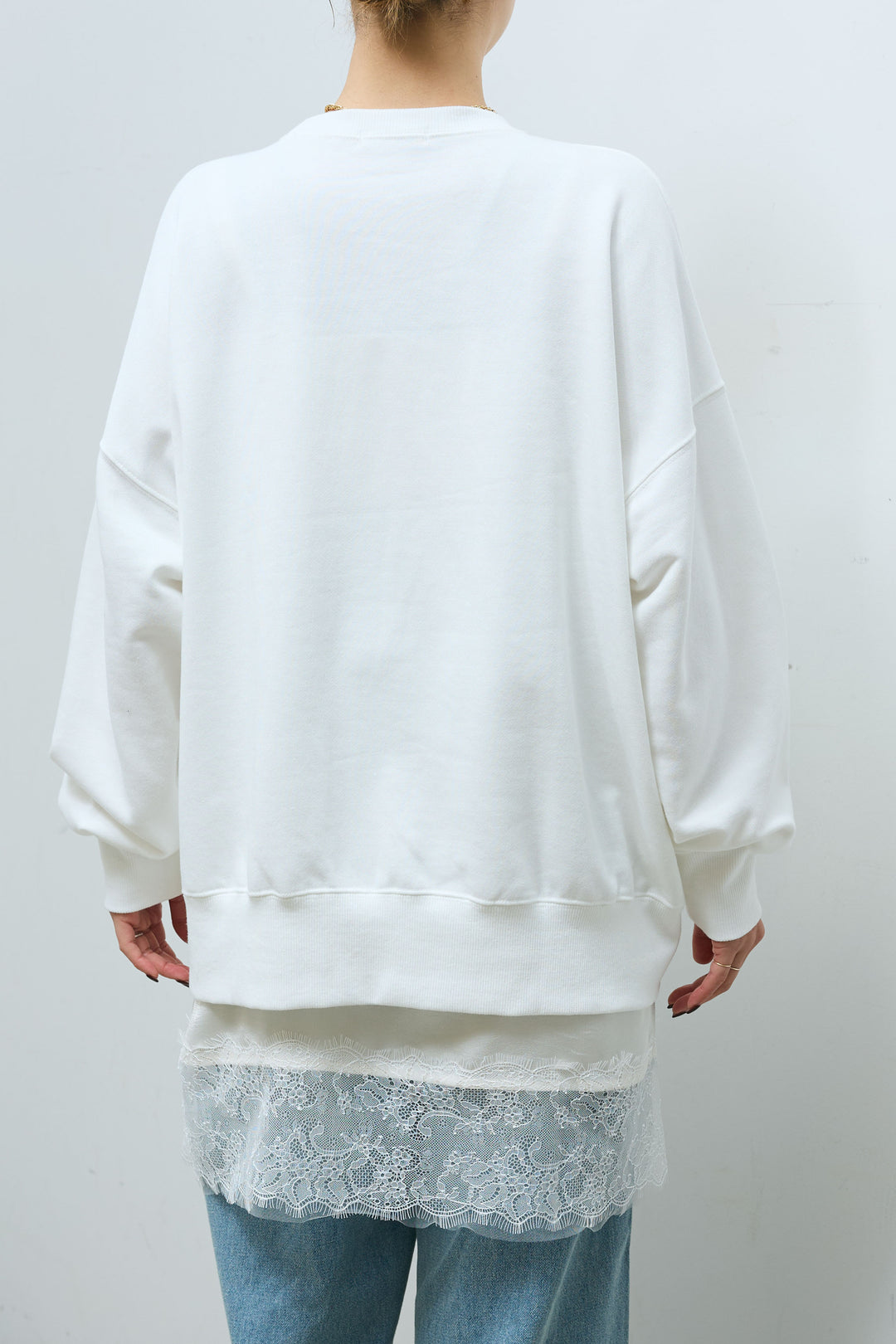 [予約/SET]カレッジロゴ刺繍スウェット+レースキャミ+ウエスト切り替えストレートデニム(3set)