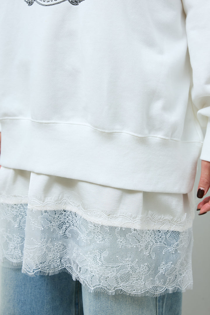 [予約/SET]カレッジロゴ刺繍スウェット+レースキャミ+ウエスト切り替えストレートデニム(3set)