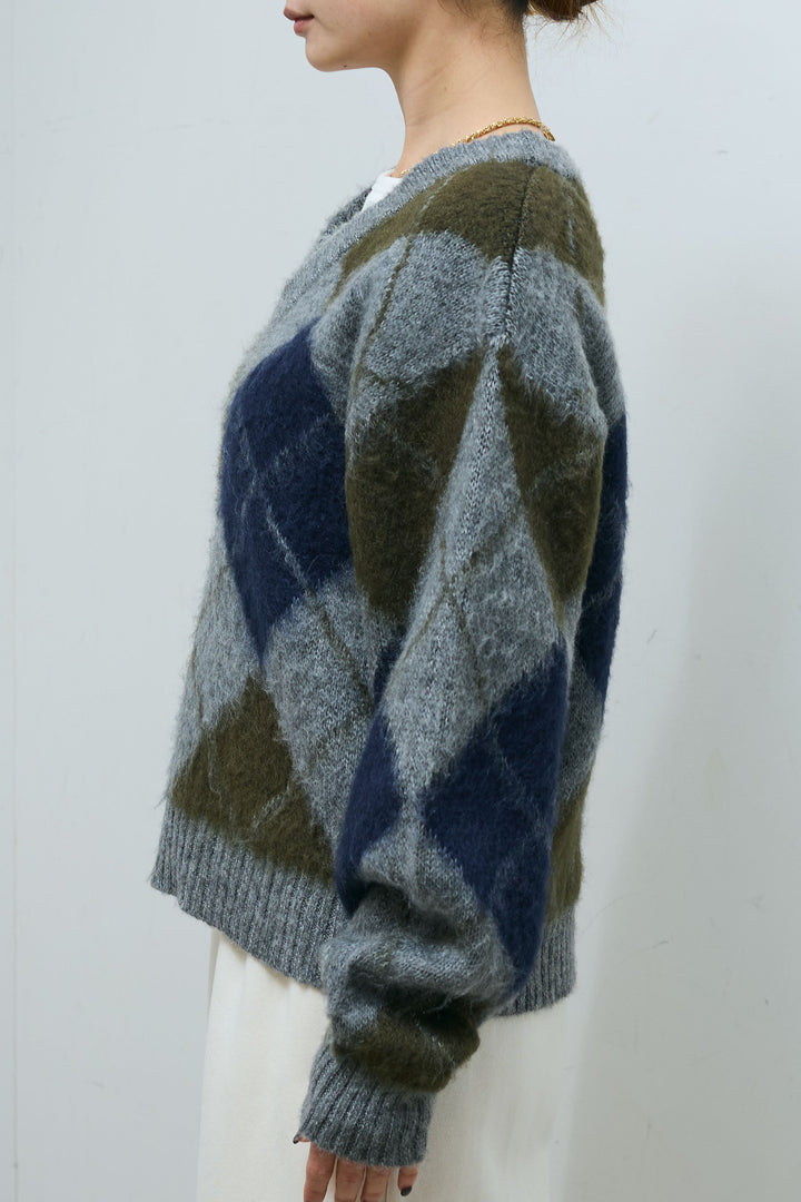 [予約/SET]モヘアタッチアーガイルVネックプルオーバー+裏起毛スウェットワイドパンツ(2set)