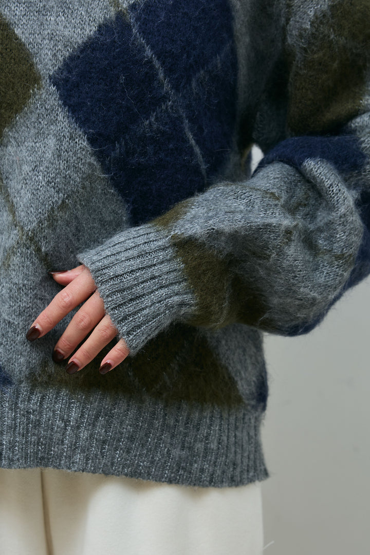 [予約/SET]モヘアタッチアーガイルVネックプルオーバー+裏起毛スウェットワイドパンツ(2set)