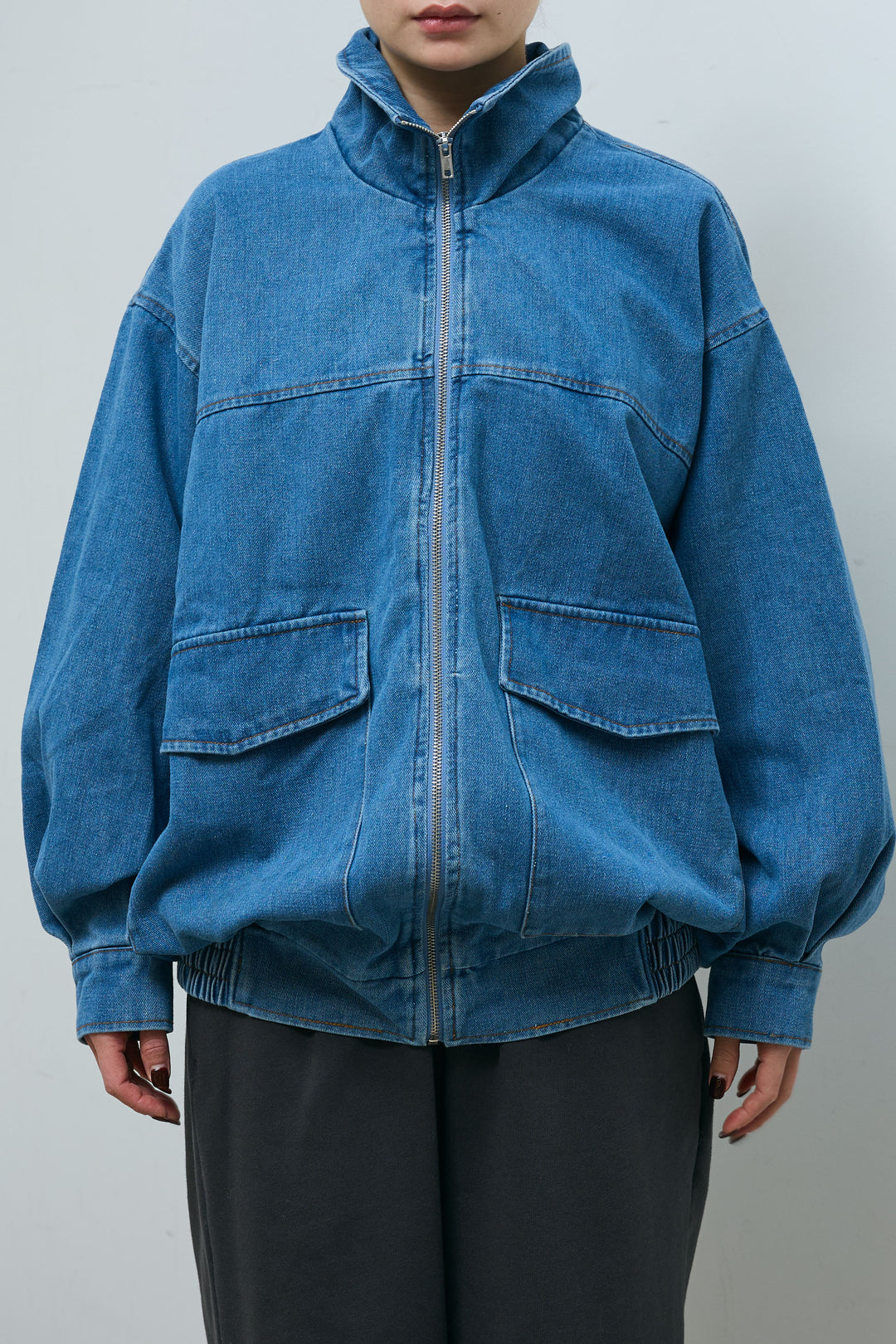 [予約/SET]スタンドジップデニムブルゾン+裏起毛スウェットワイドパンツ(2set)