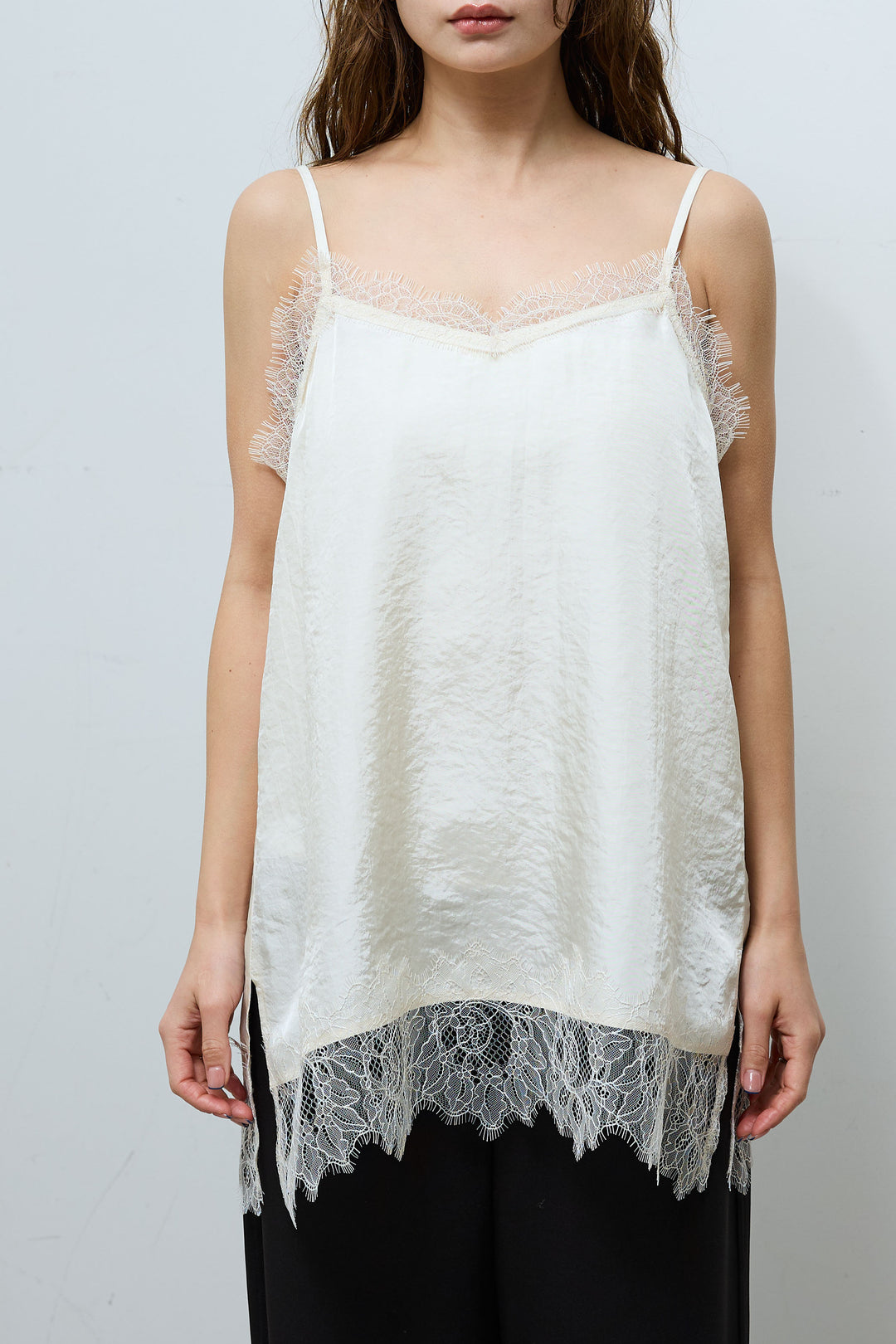 [予約/SET]ウェーブシャギーニットジャケット+サテンレースキャミソール(2set)