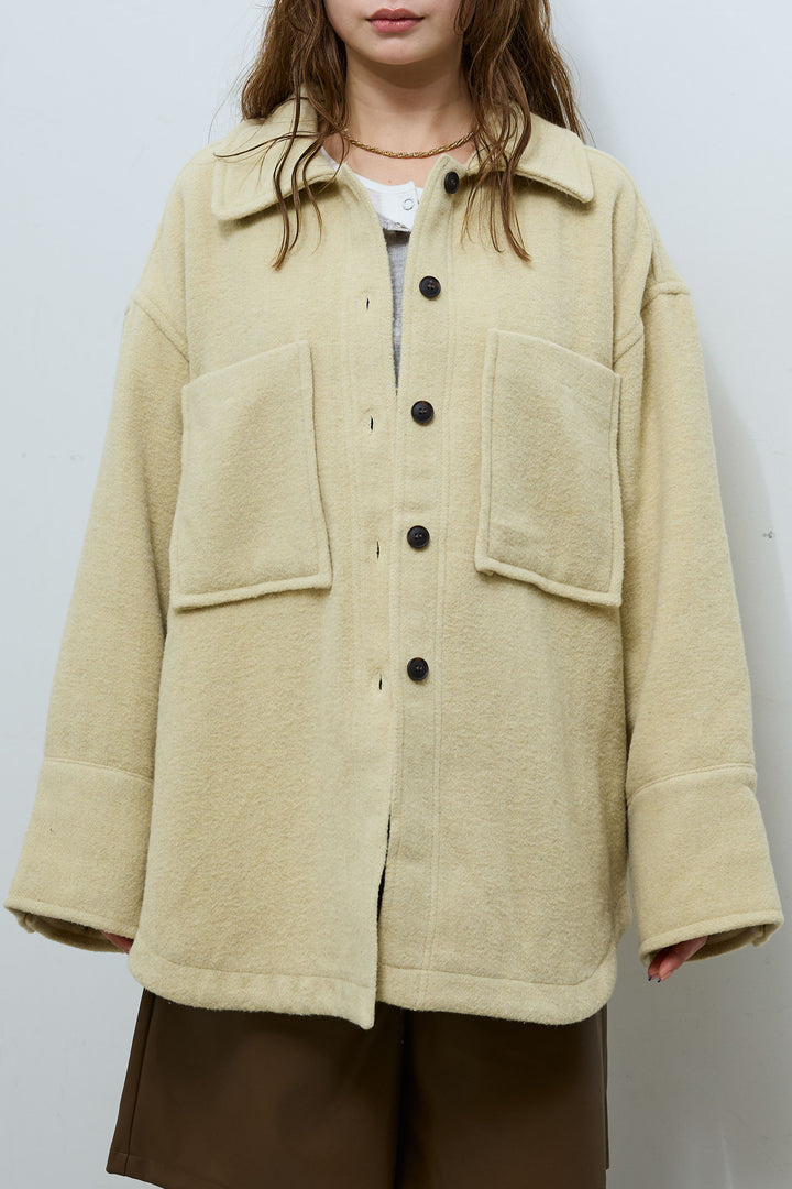 [予約/SET]ウールモッサ杢ヘリンボーンシャツJK+オーバーサイズノーカラーデニムJK+リブニットナロースカート(3set)