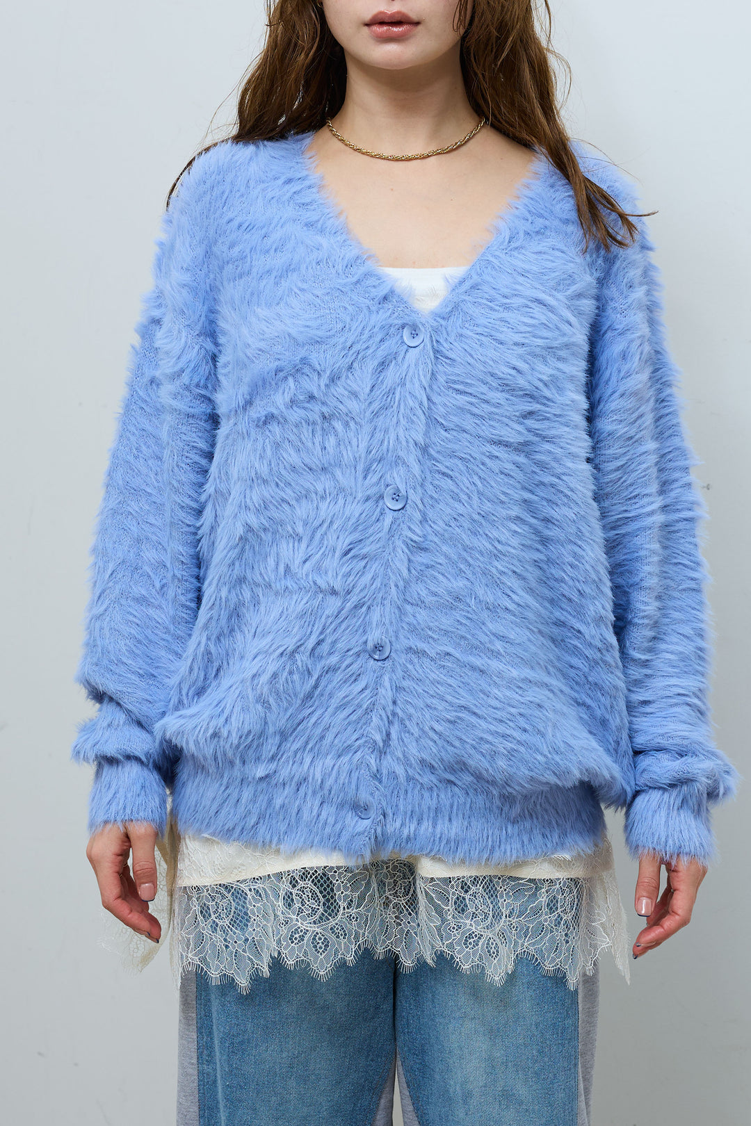 [予約/SET]起毛シャギーカーディガン+フロントジップストラップデザインデニムサロペット(2set)