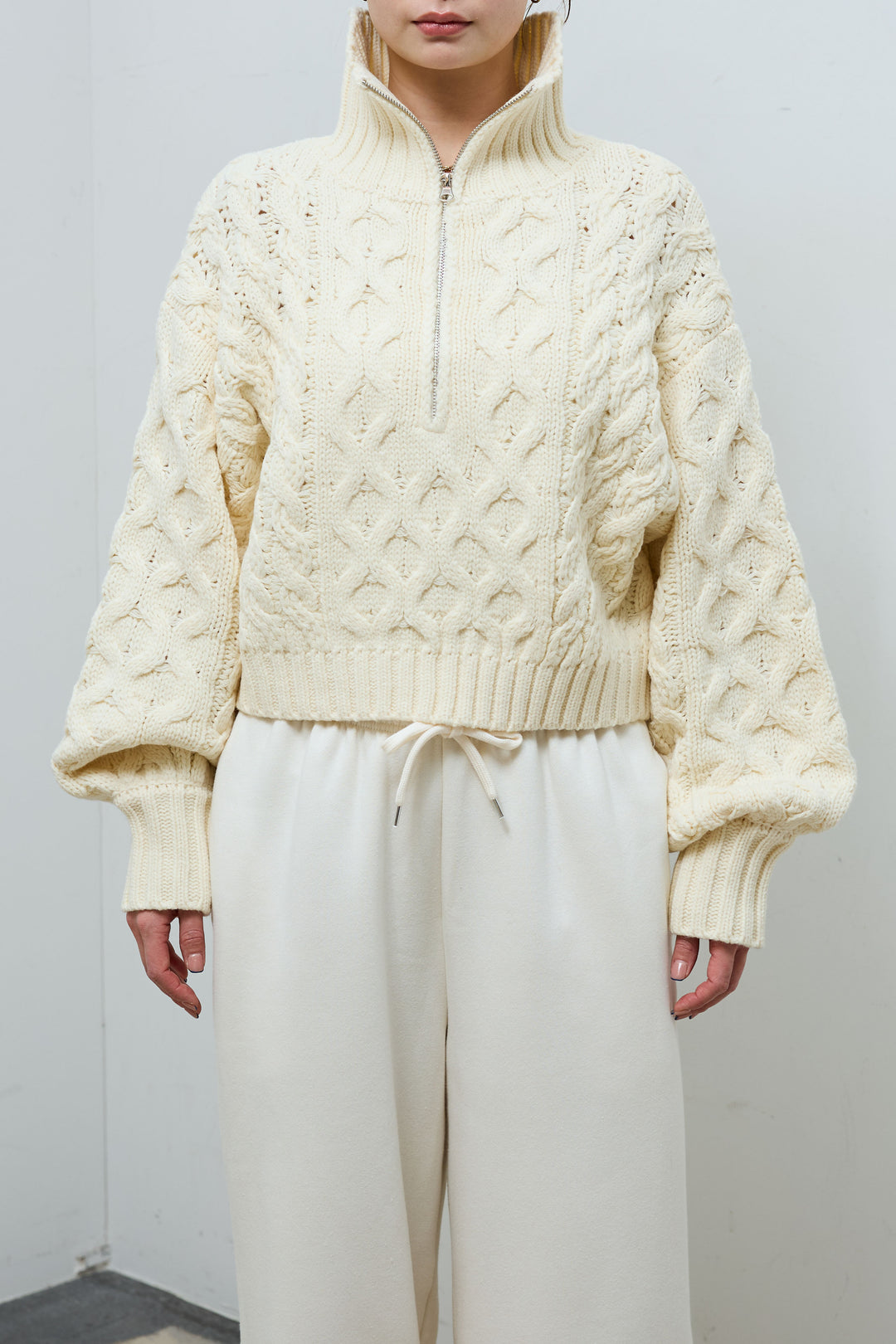 [予約/SET]バルキーケーブルハーフジッププルオーバー+裏起毛スウェットワイドパンツ(2set)