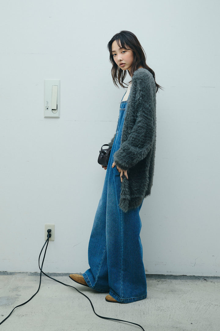 [予約/SET]起毛シャギーカーディガン+フロントジップストラップデザインデニムサロペット(2set)