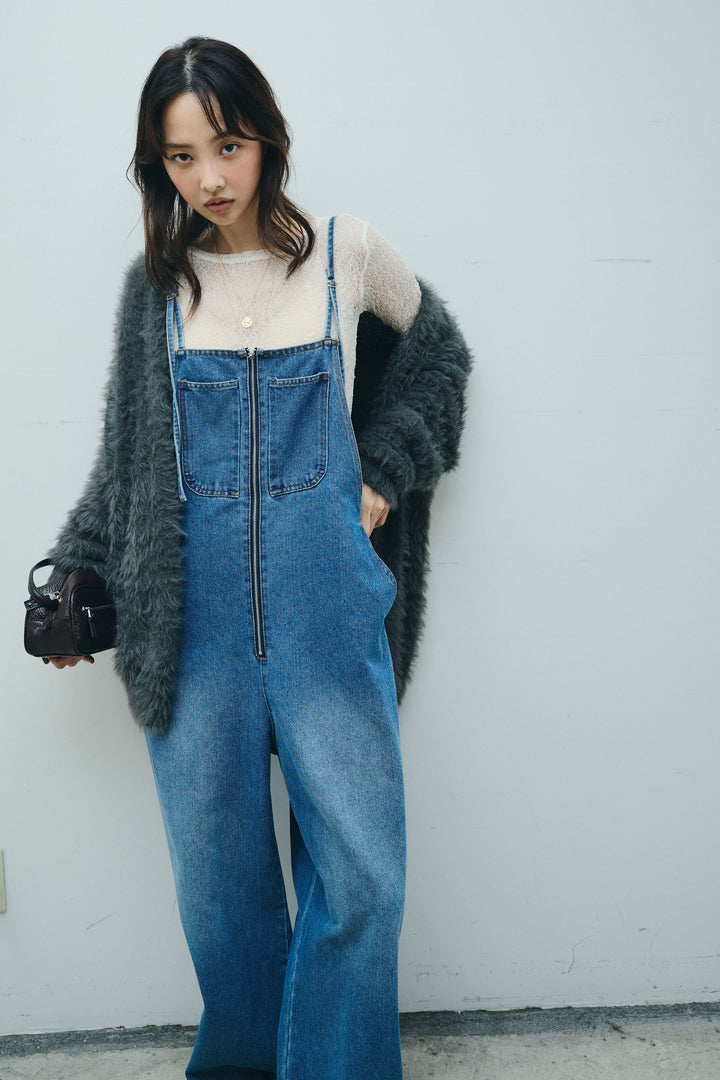 [予約/SET]起毛シャギーカーディガン+フロントジップストラップデザインデニムサロペット(2set)