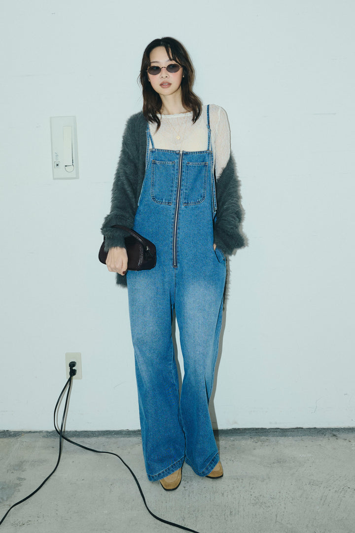 [予約/SET]起毛シャギーカーディガン+フロントジップストラップデザインデニムサロペット(2set)