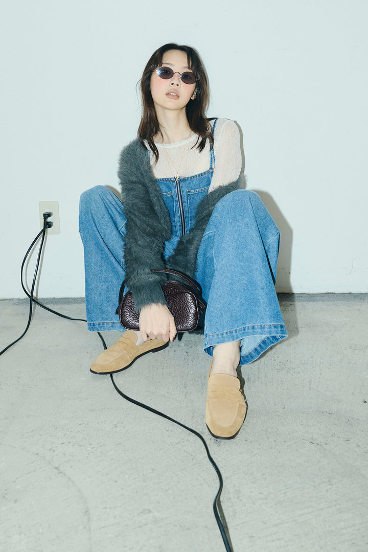 [予約/SET]起毛シャギーカーディガン+フロントジップストラップデザインデニムサロペット(2set)