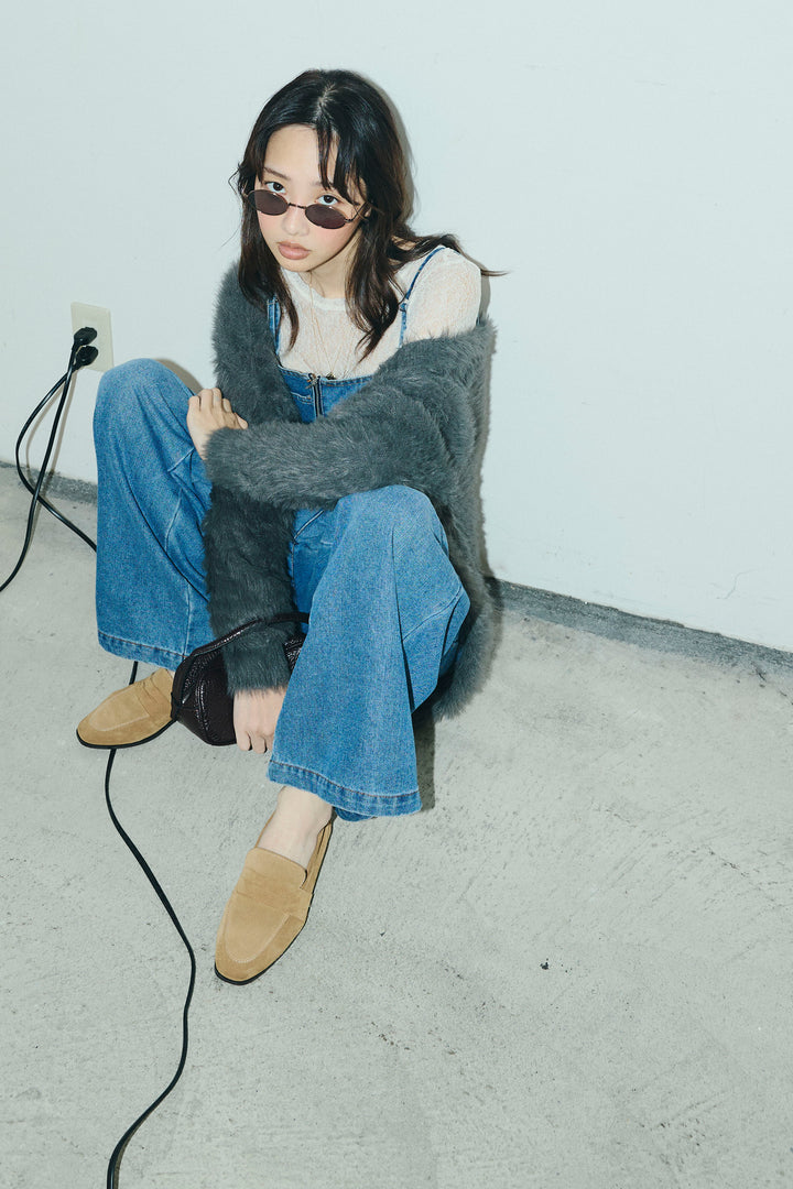 [予約/SET]起毛シャギーカーディガン+フロントジップストラップデザインデニムサロペット(2set)