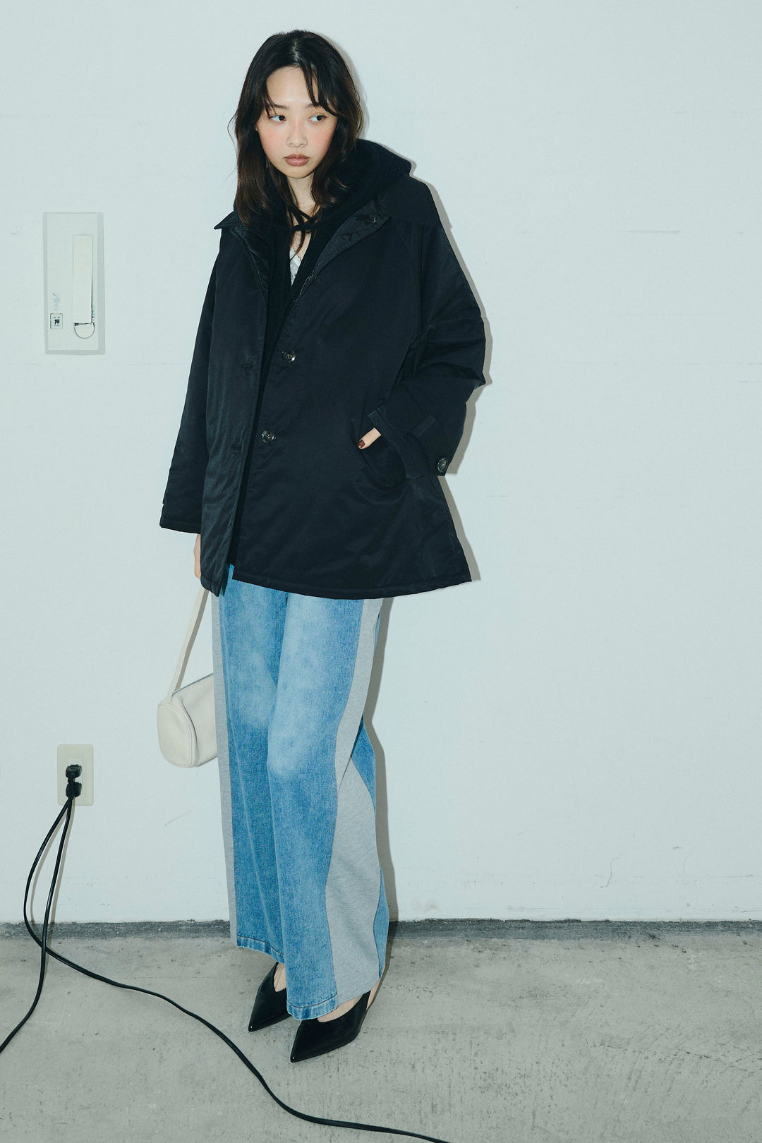 [予約/SET]キルトライニングAライントレンチ+アルパカタッチフライトニットキャップ+スウェット切り替えデニムパンツ(3set)