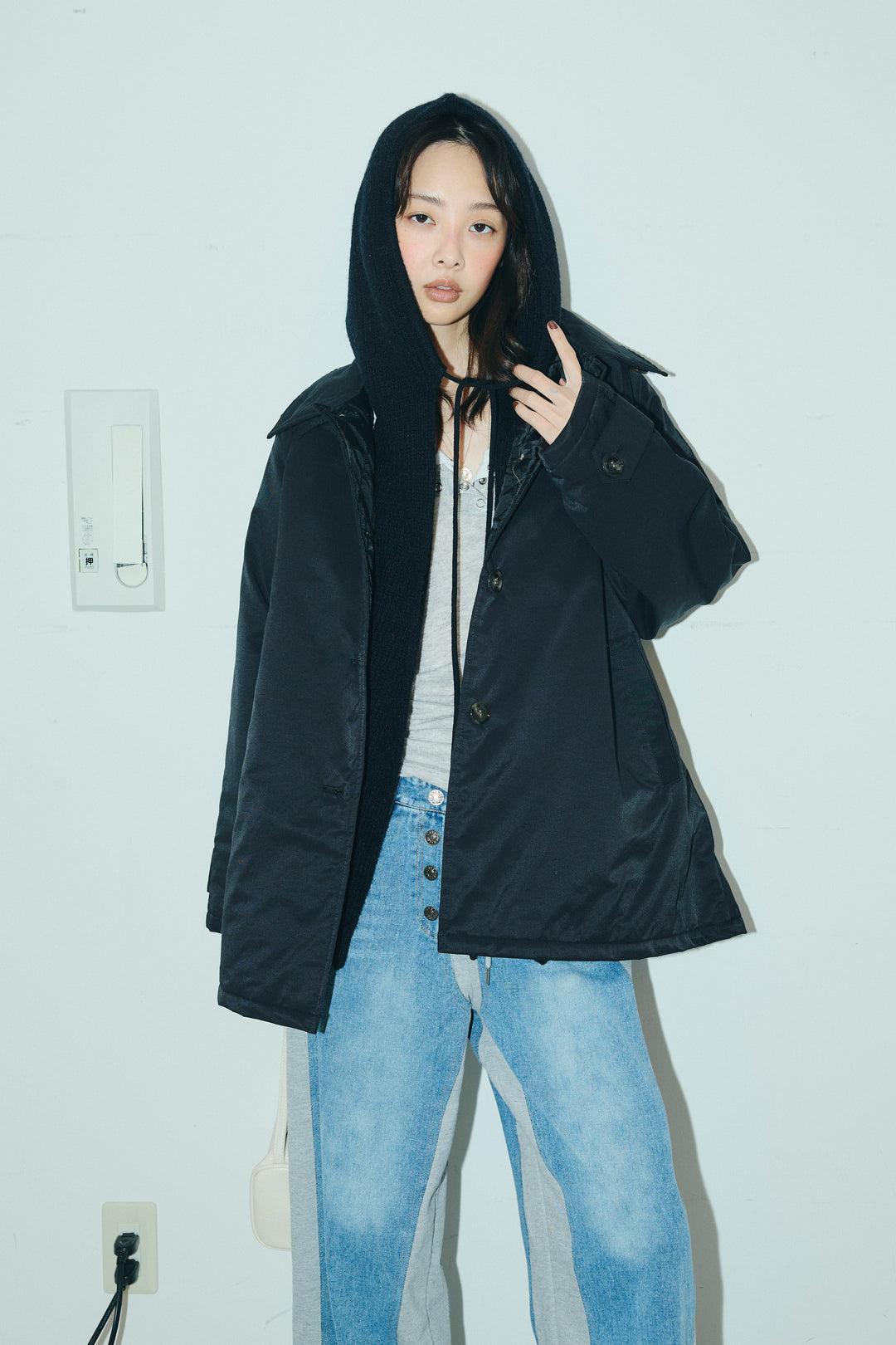 [予約/SET]キルトライニングAライントレンチ+アルパカタッチフライトニットキャップ+スウェット切り替えデニムパンツ(3set)