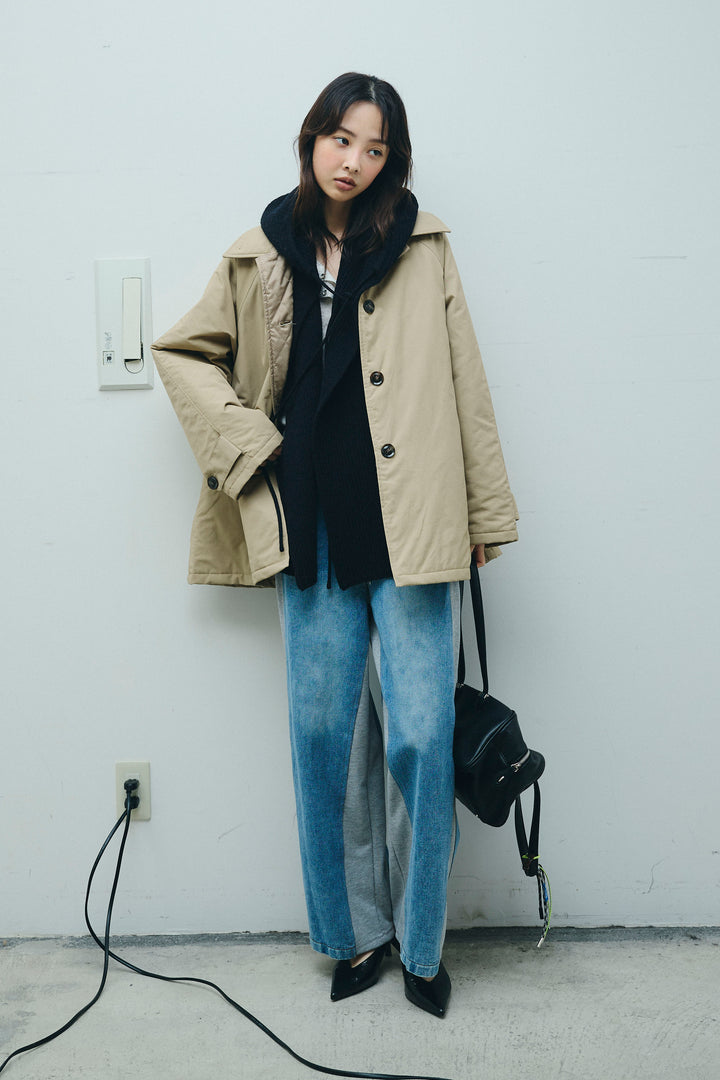 [予約/SET]キルトライニングAライントレンチ+アルパカタッチフライトニットキャップ+スウェット切り替えデニムパンツ(3set)