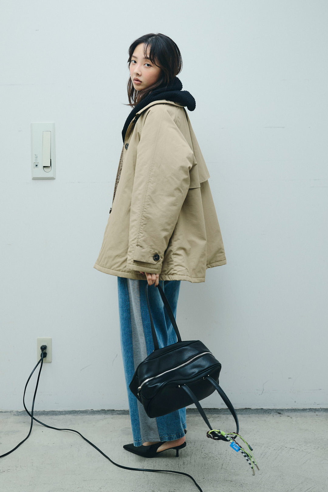 [予約/SET]キルトライニングAライントレンチ+アルパカタッチフライトニットキャップ+スウェット切り替えデニムパンツ(3set)