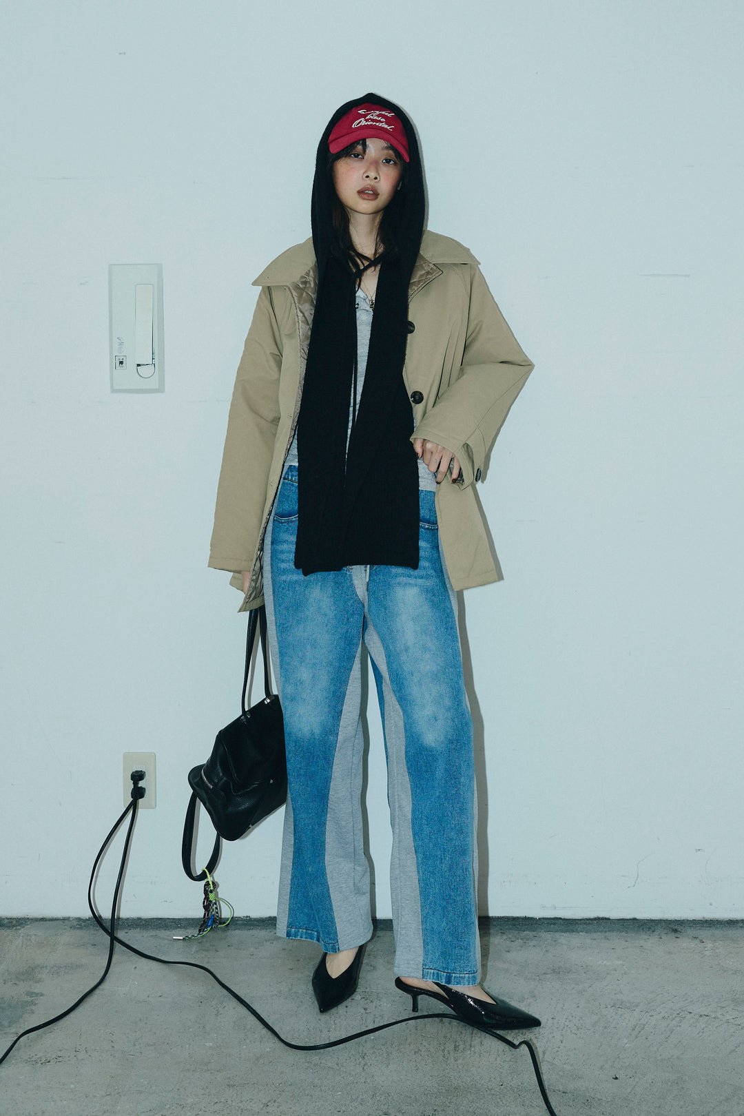 [予約/SET]キルトライニングAライントレンチ+アルパカタッチフライトニットキャップ+スウェット切り替えデニムパンツ(3set)