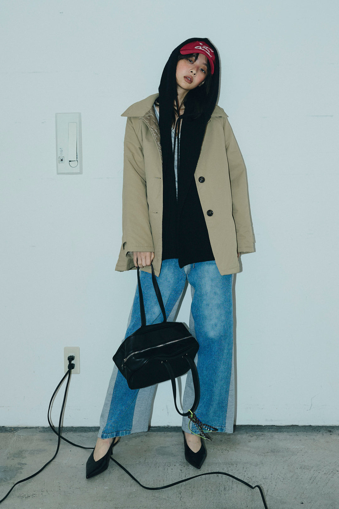 [予約/SET]キルトライニングAライントレンチ+アルパカタッチフライトニットキャップ+スウェット切り替えデニムパンツ(3set)