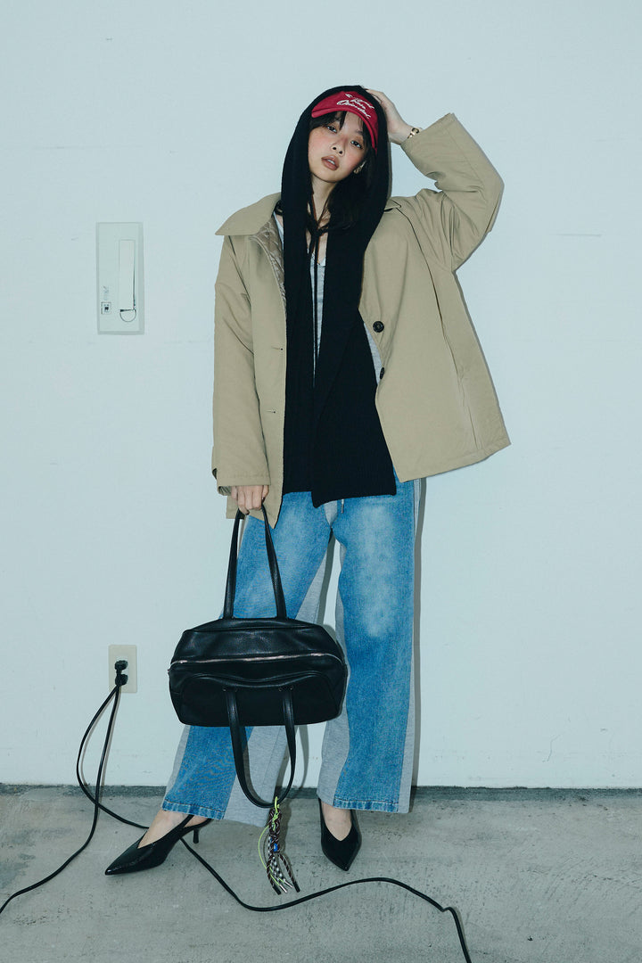 [予約/SET]キルトライニングAライントレンチ+アルパカタッチフライトニットキャップ+スウェット切り替えデニムパンツ(3set)