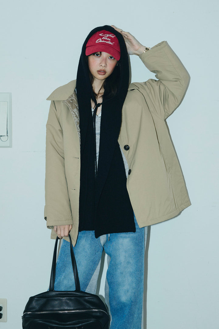 [予約/SET]キルトライニングAライントレンチ+アルパカタッチフライトニットキャップ+スウェット切り替えデニムパンツ(3set)