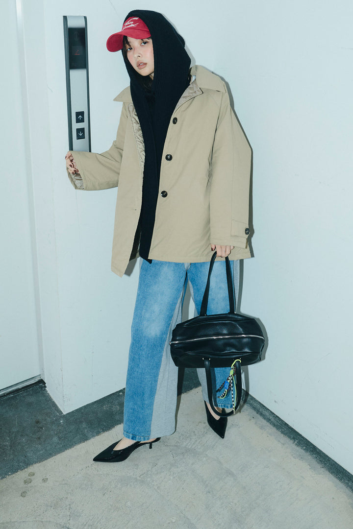 [予約/SET]キルトライニングAライントレンチ+アルパカタッチフライトニットキャップ+スウェット切り替えデニムパンツ(3set)