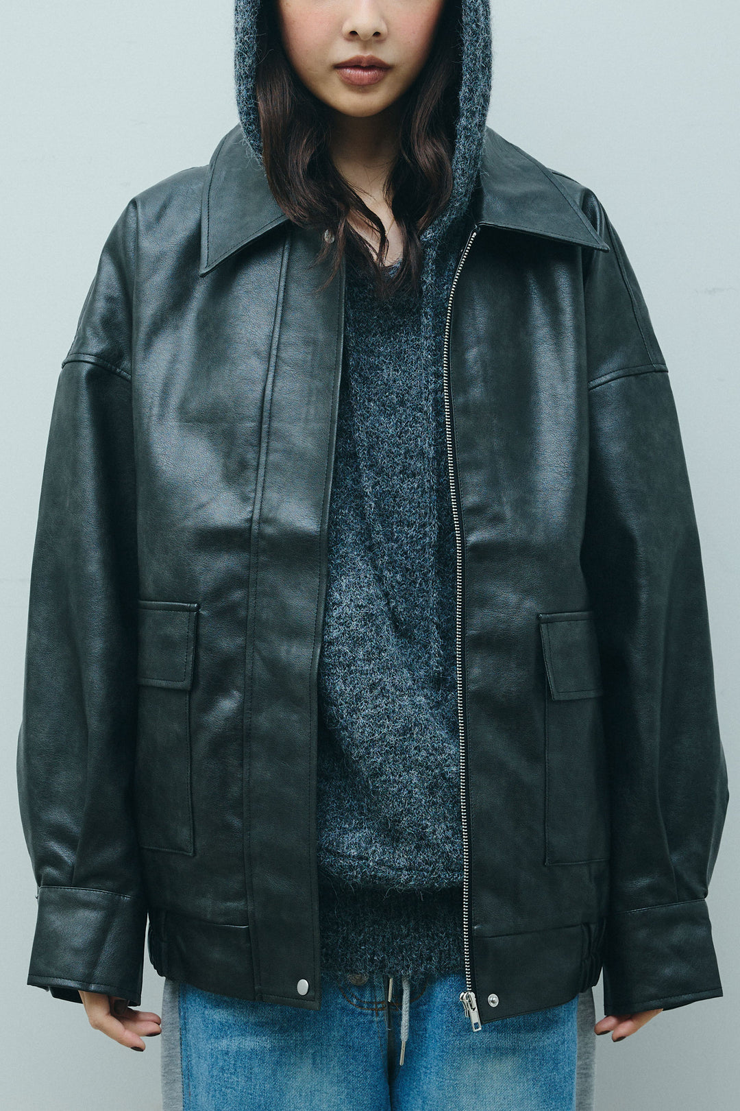 [予約/SET]フェイクレザーオーバーサイズブルゾン+ニットフーディ(2set)