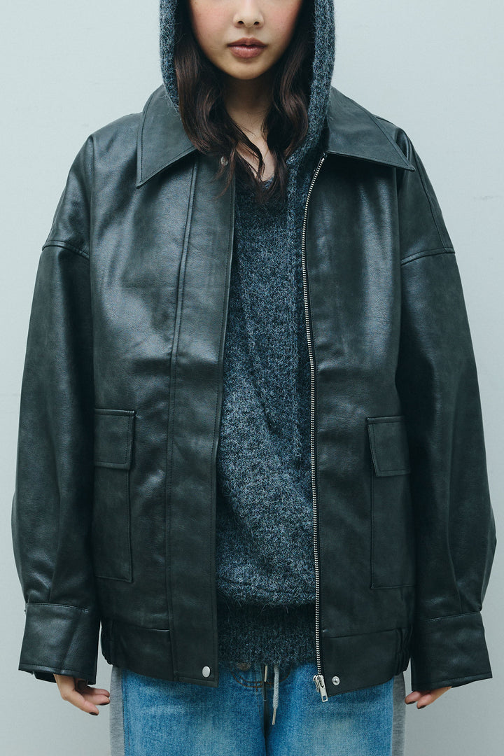 [予約/SET]フェイクレザーオーバーサイズブルゾン+ニットフーディ(2set)