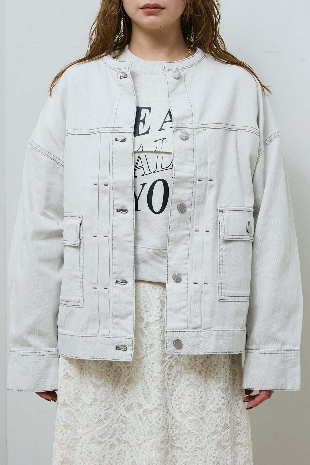 オーバーサイズノーカラーデニムJK