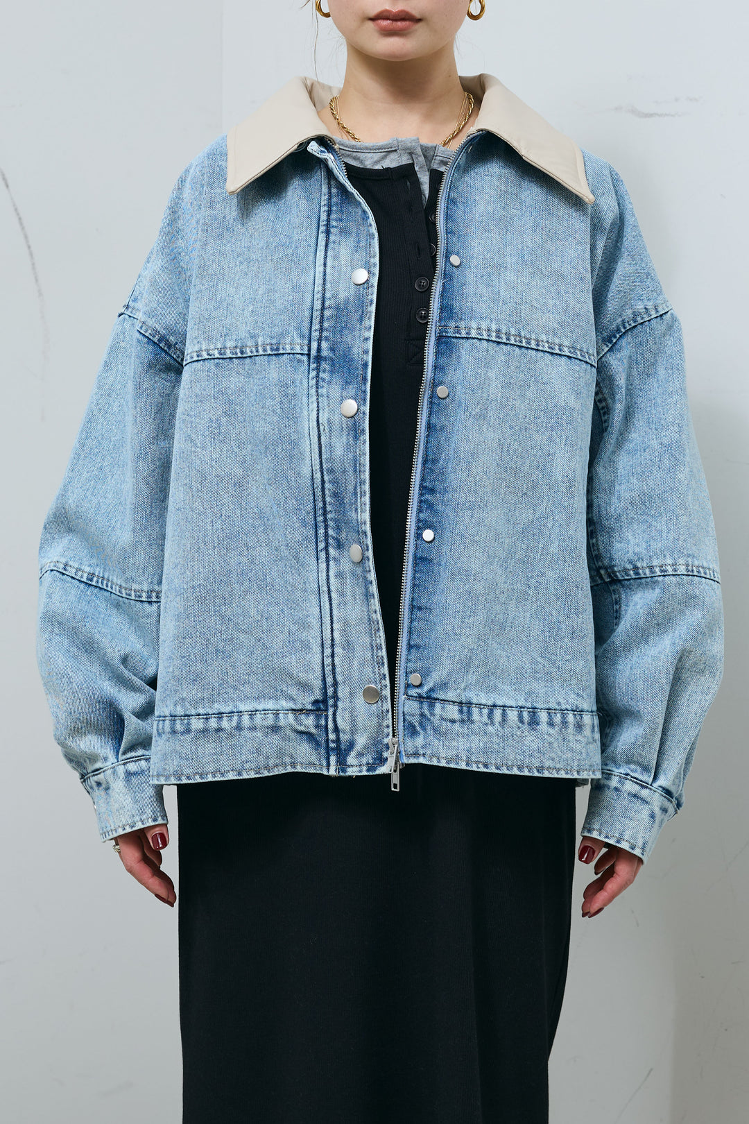 [予約]フェイクレザー2wayカラーデニムブルゾン