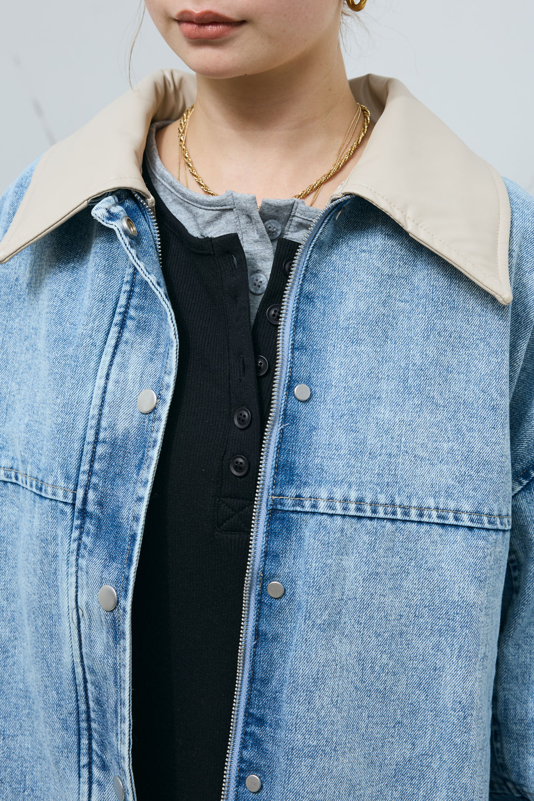 [予約]フェイクレザー2wayカラーデニムブルゾン