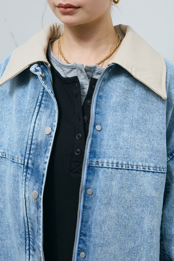 [予約]フェイクレザー2wayカラーデニムブルゾン