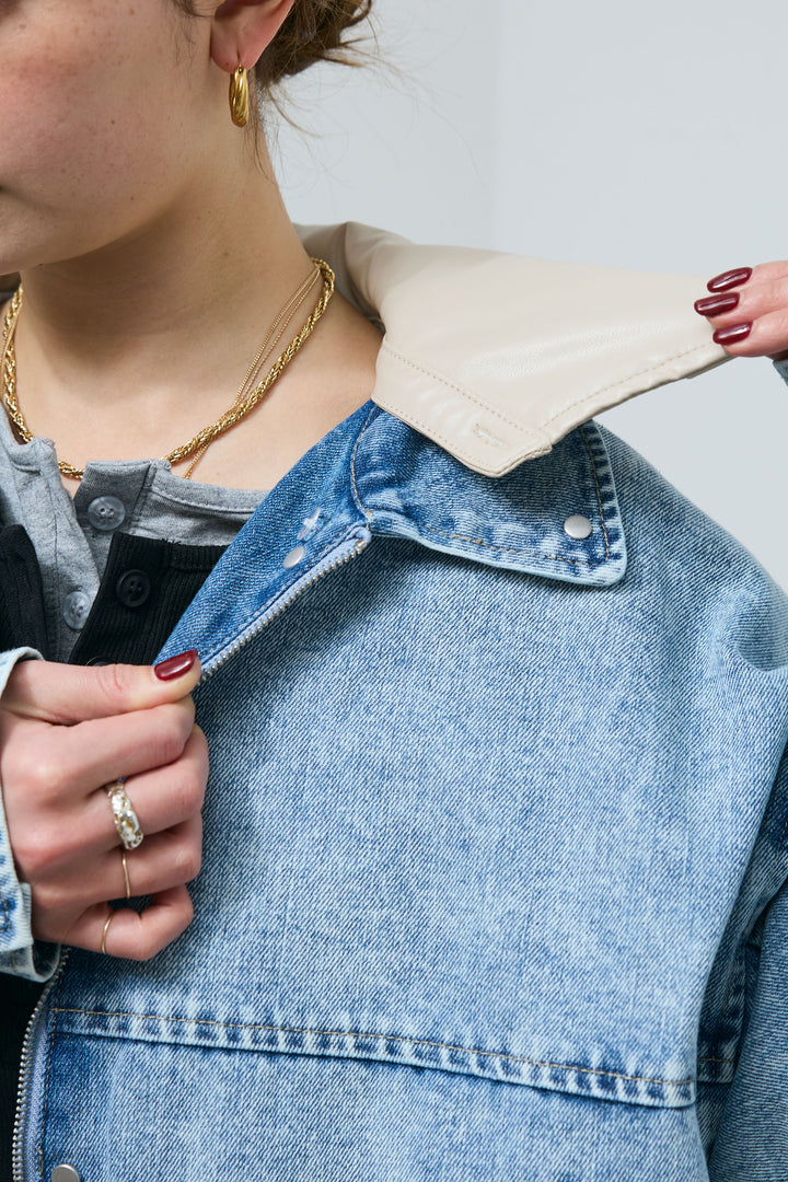 [予約]フェイクレザー2wayカラーデニムブルゾン