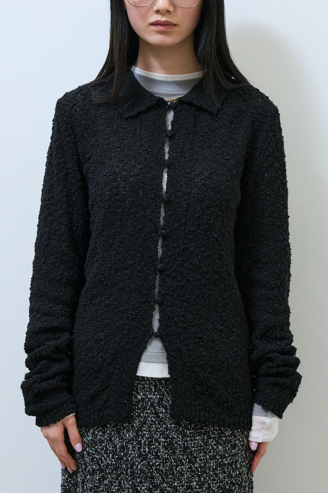 [予約]ツイード風MIXスラブポロカーデ