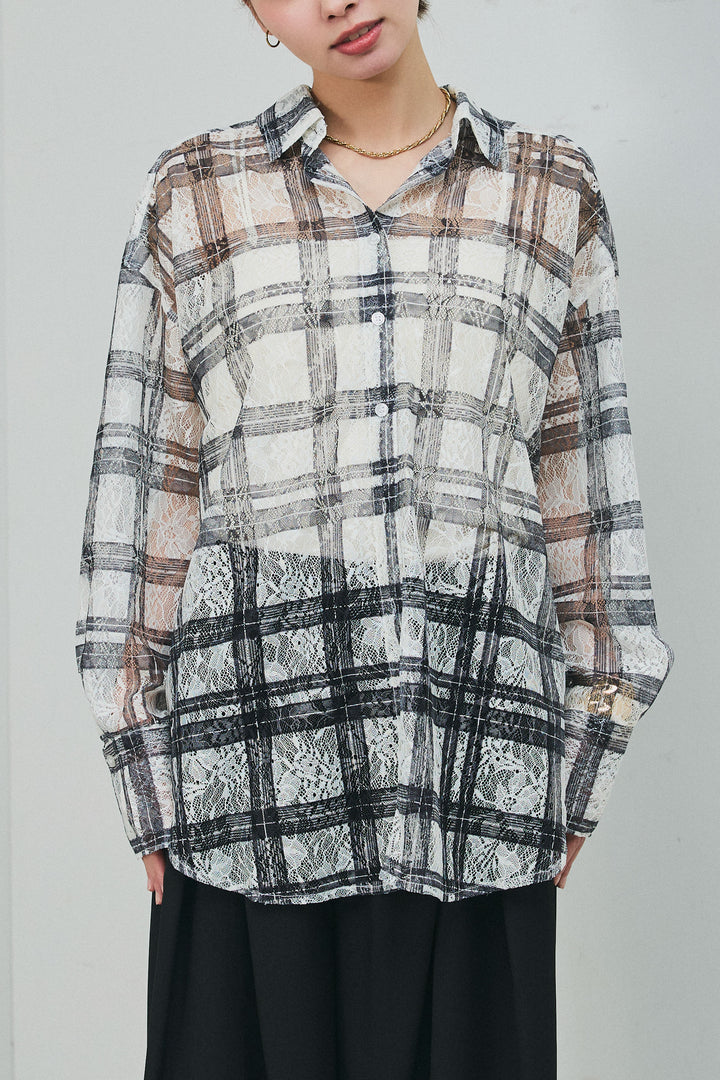 [予約]チェックプリントシアーレースブラウス