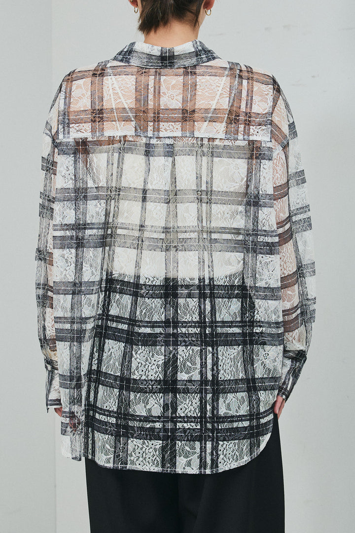 [予約]チェックプリントシアーレースブラウス