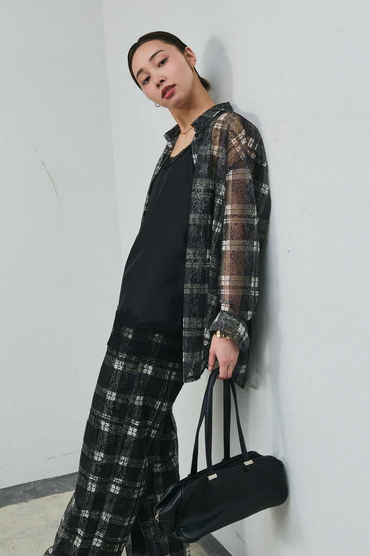 [予約]チェックプリントシアーレースブラウス