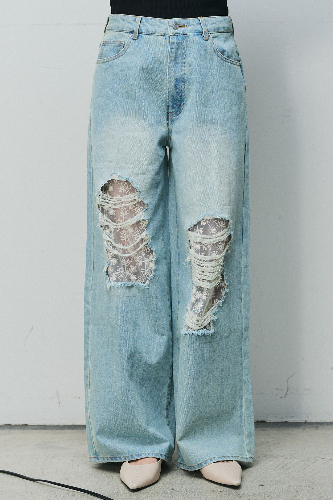 [予約/SET]シアーレースブラウス+レース付きダメージデニム(2set)