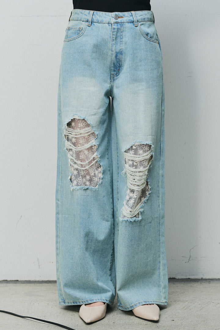 [予約/SET]シアーレースブラウス+レース付きダメージデニム(2set)