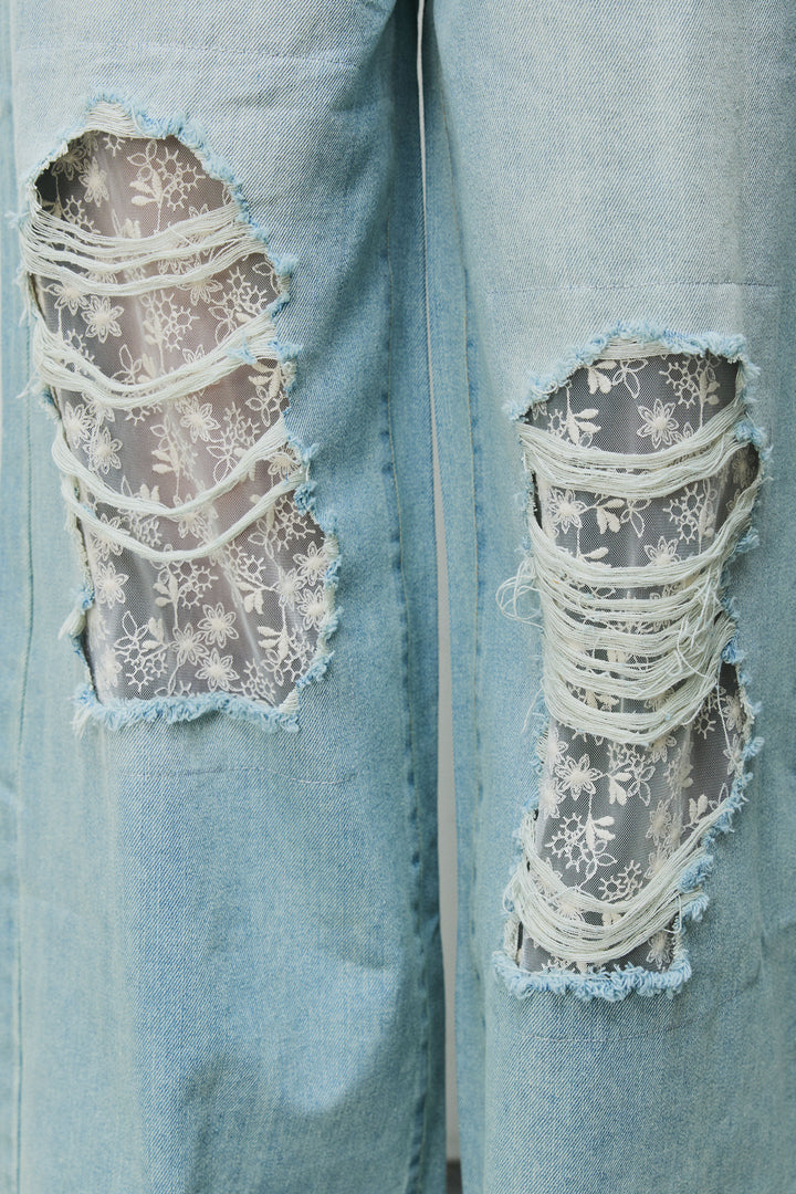 [予約/SET]シアーレースブラウス+レース付きダメージデニム(2set)