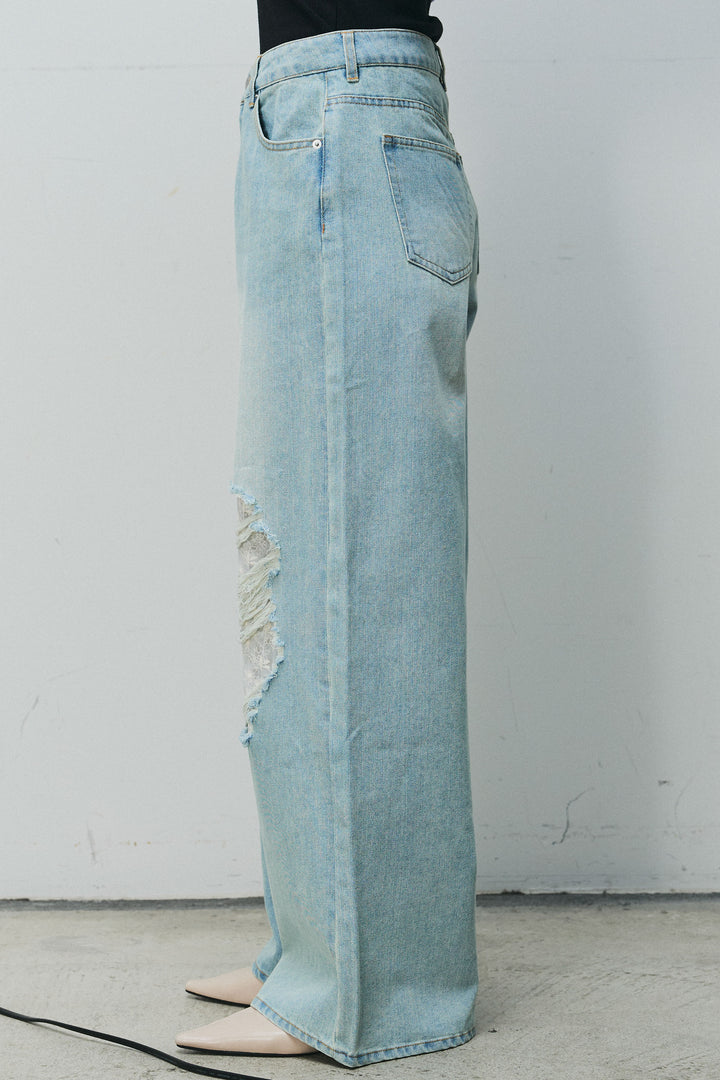 [予約]レース付きダメージデニム