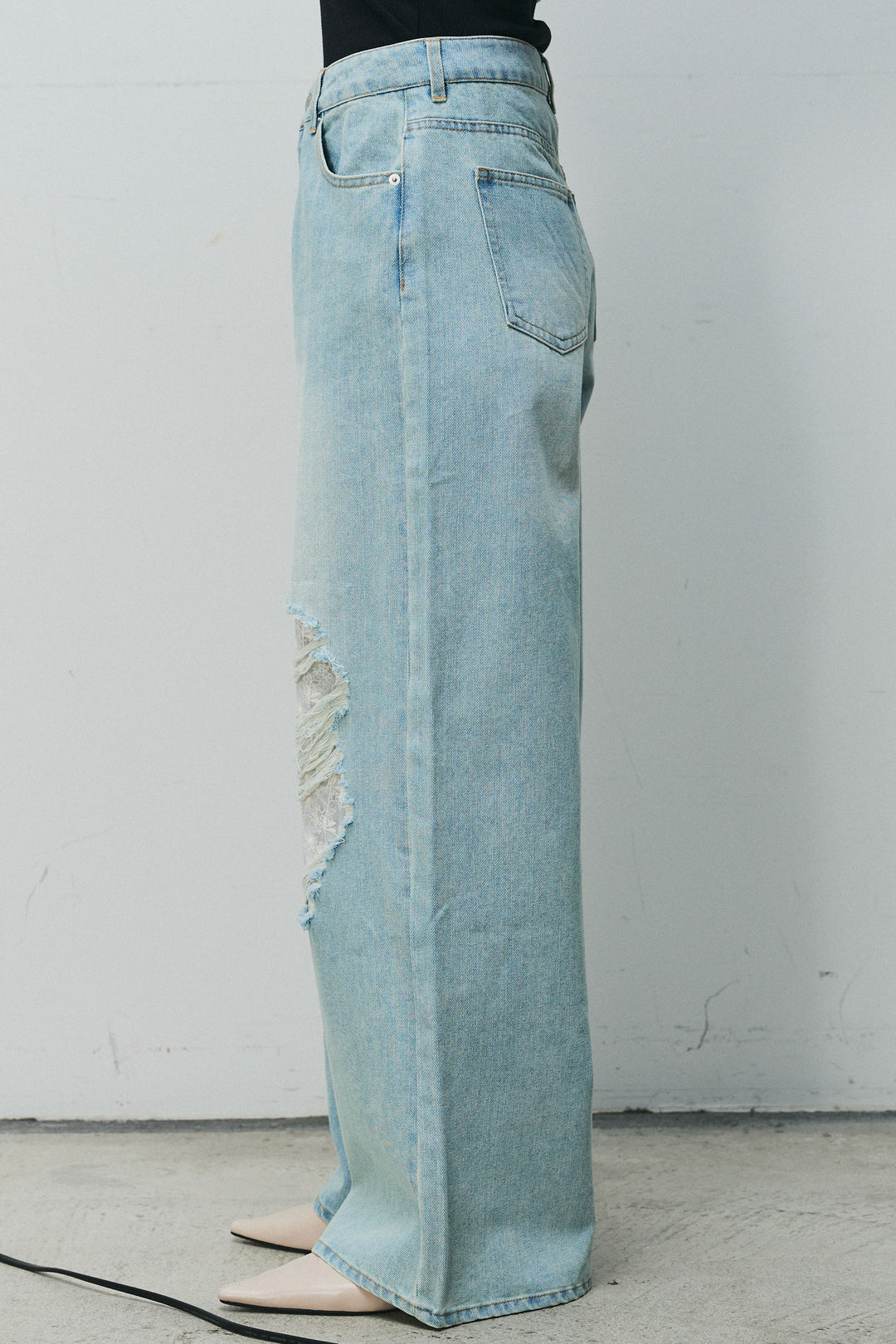 [予約/SET]シアーレースブラウス+レース付きダメージデニム(2set)